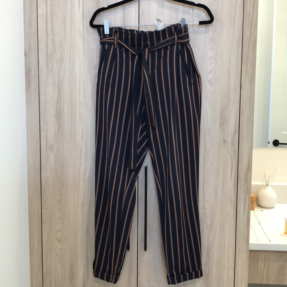 Zara Navy Stripe Paper Bag Waist Pants